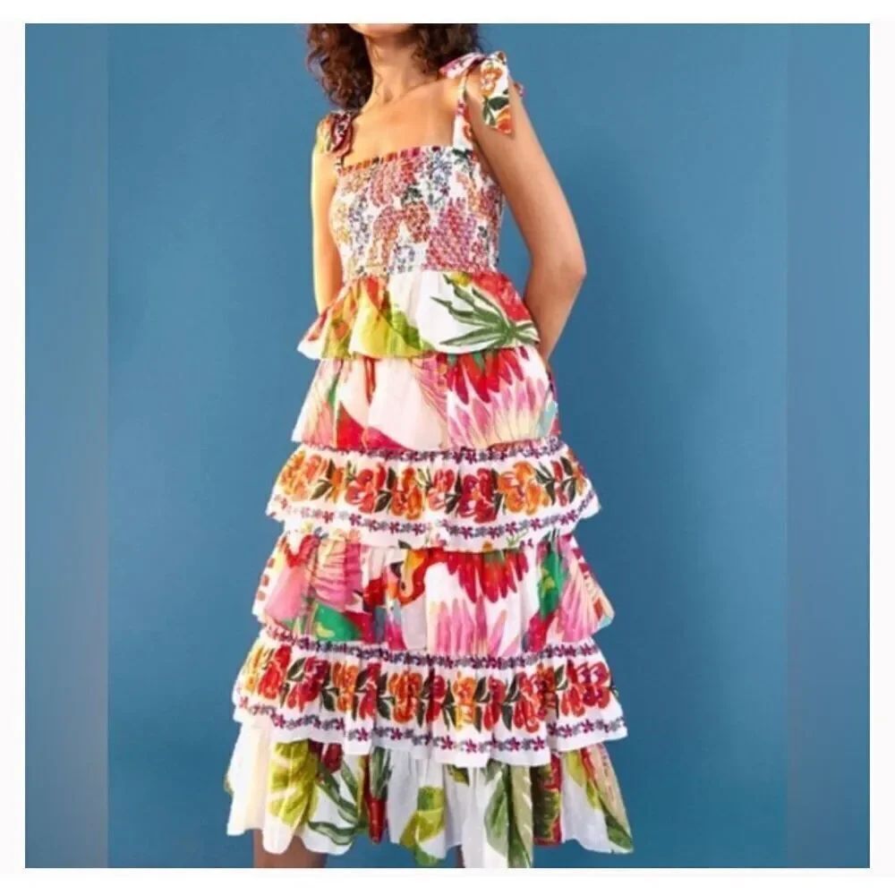 Farm Rio Tropical print tiered Ruched tie shoulder dress XS